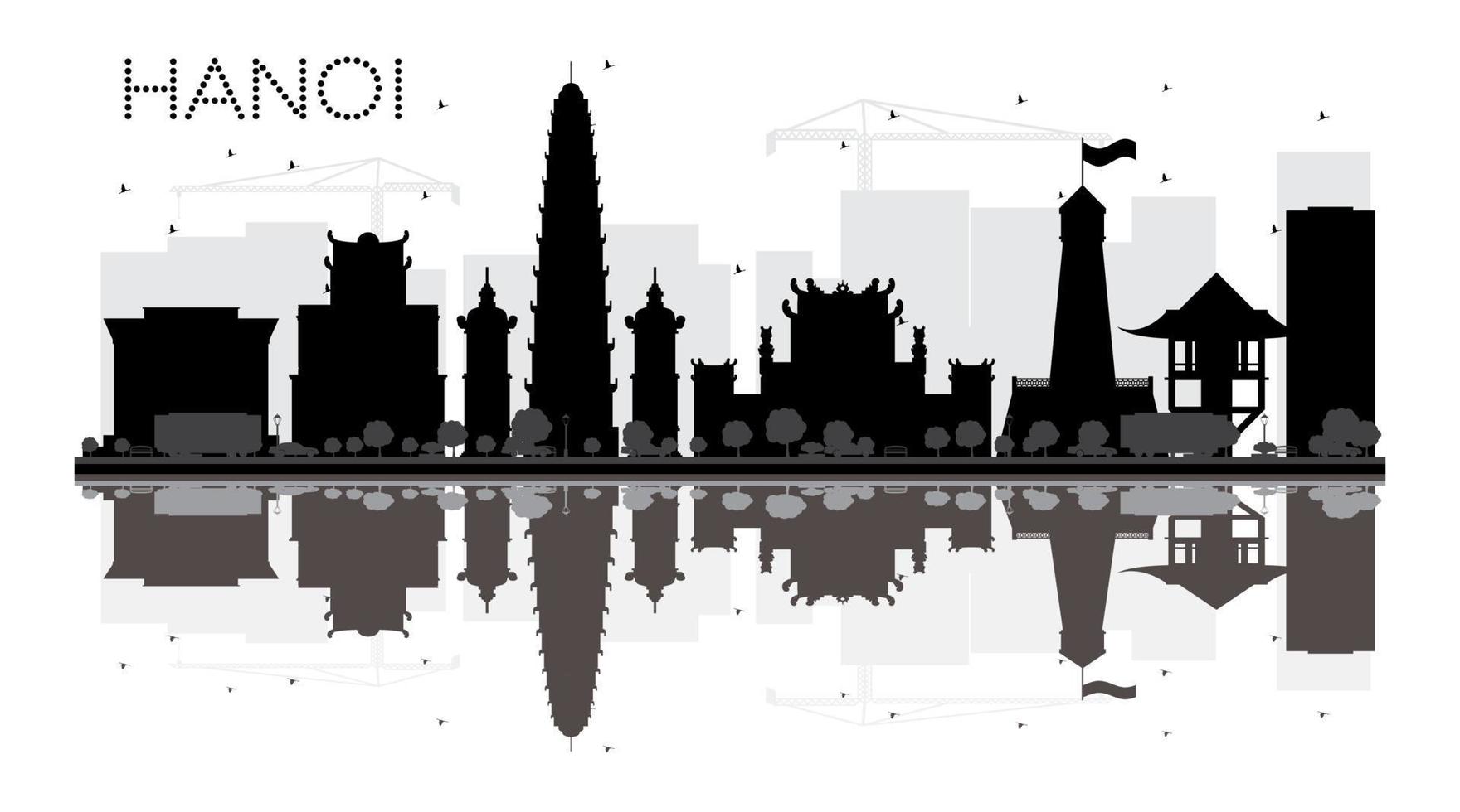 silueta en blanco y negro del horizonte de la ciudad de hanoi con reflejos. vector