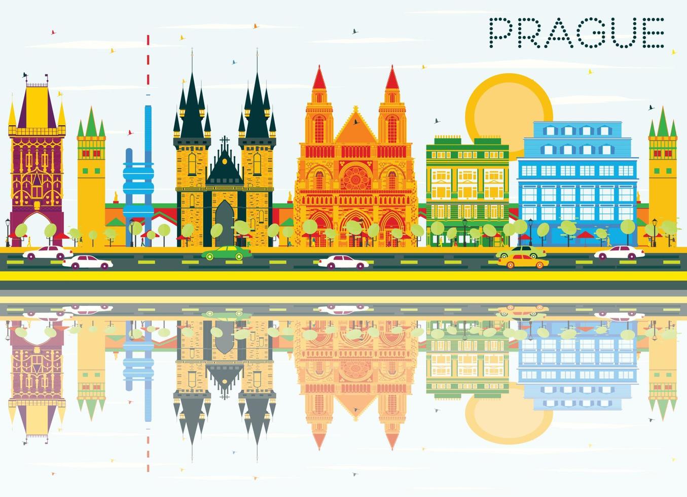 Prague Skyline with Color Buildings, Blue Sky and Reflections. vector
