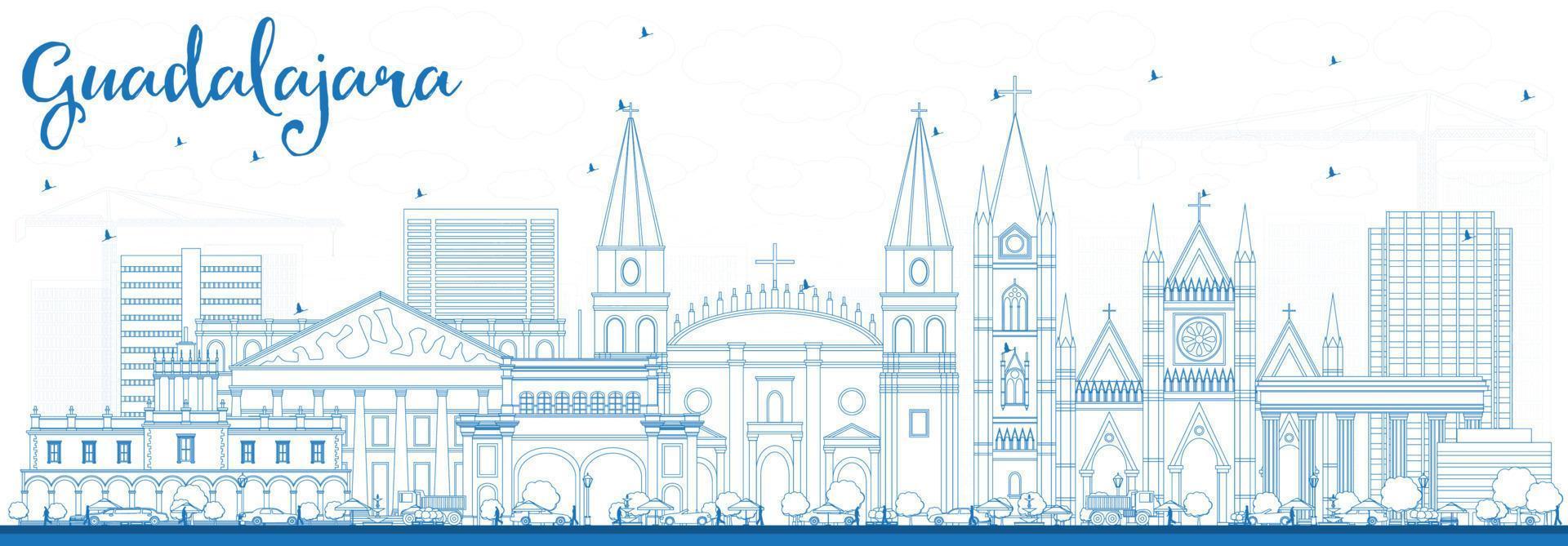 Outline Guadalajara Skyline with Blue Buildings. vector