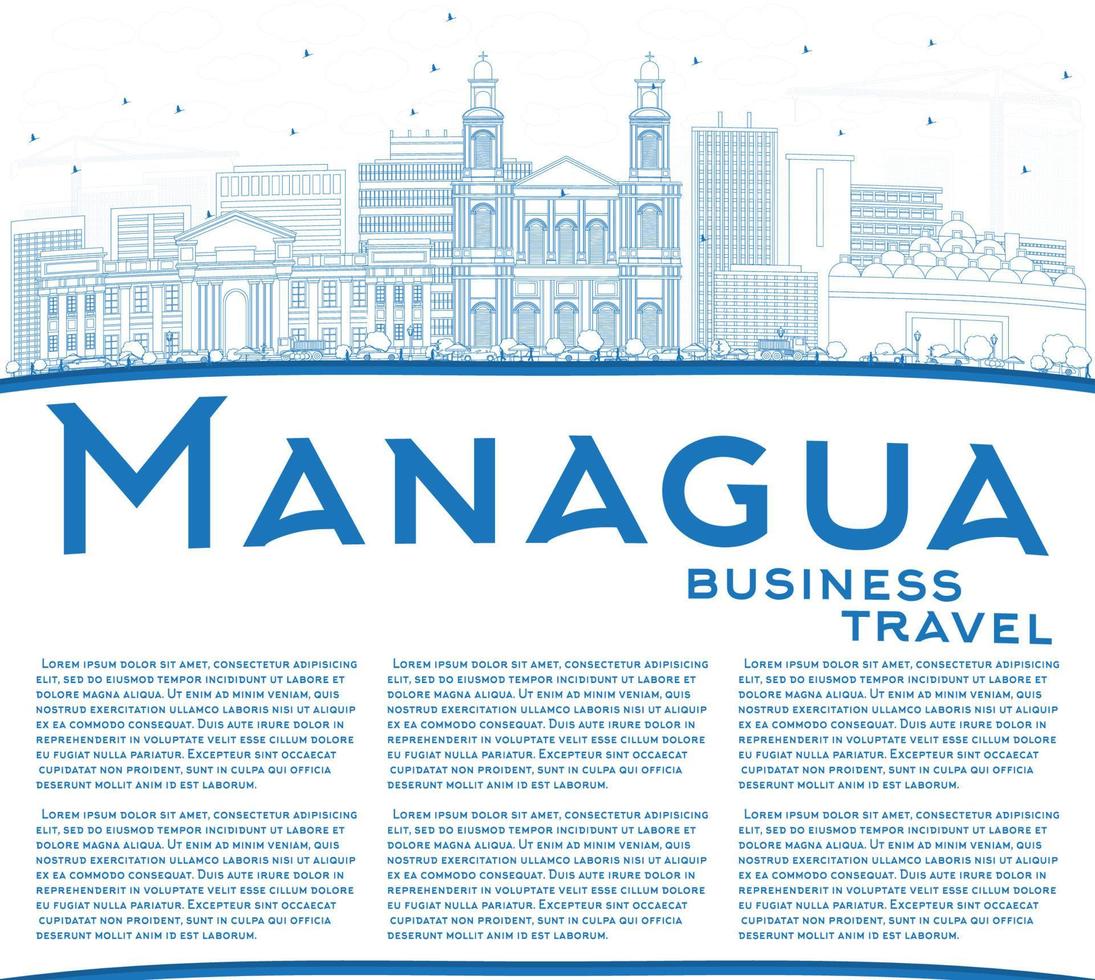 Outline Managua Skyline with Blue Buildings and Copy Space. vector