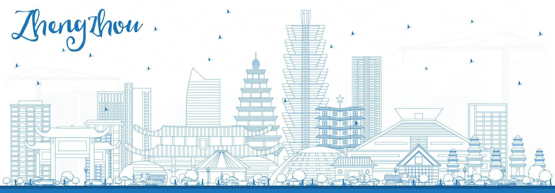 Outline Zhengzhou Skyline with Blue Buildings. vector