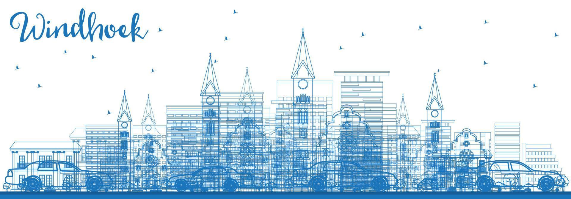 Outline Windhoek Skyline with Blue Buildings. vector