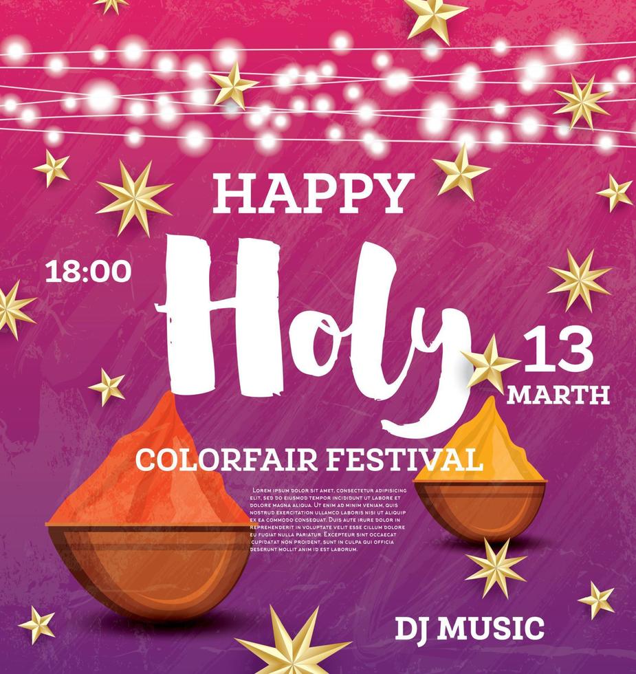 cartel de celebración feliz holi con luces de neón y estrellas doradas. vector