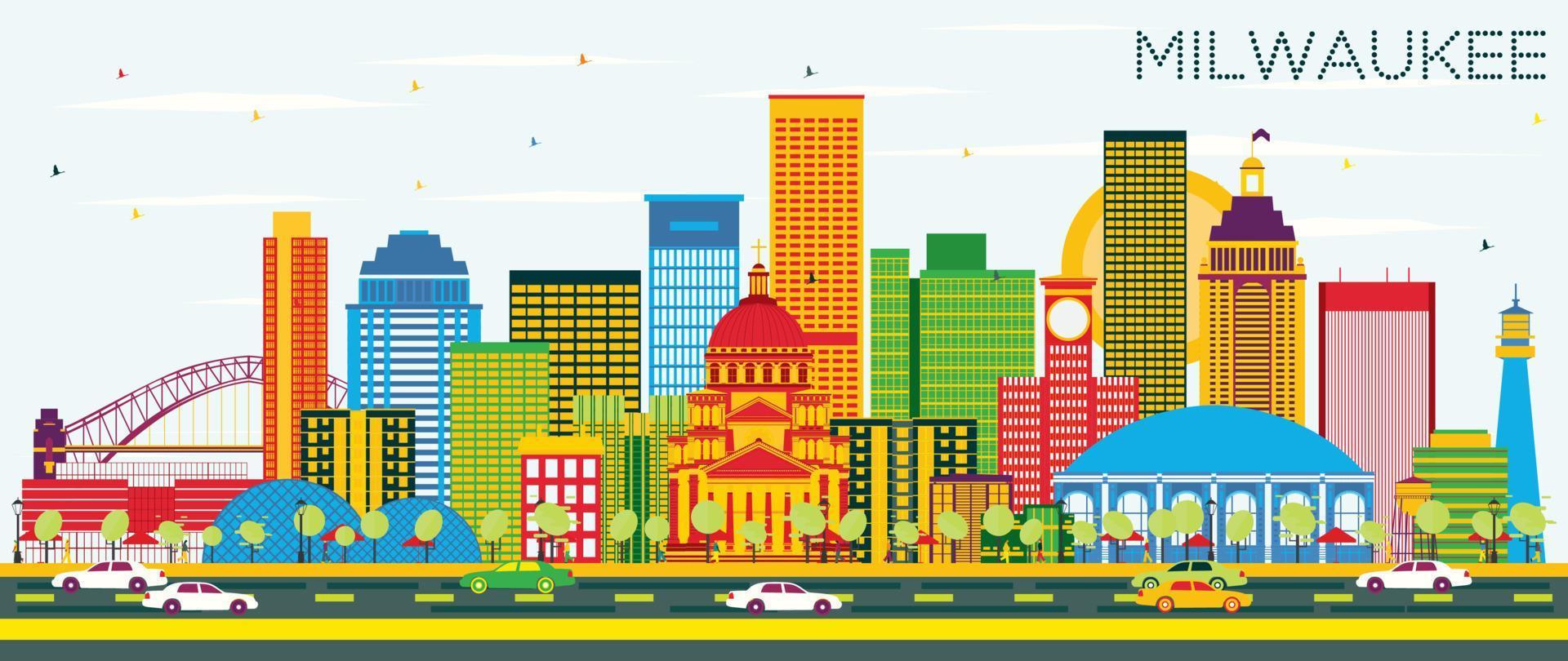 Milwaukee Skyline with Color Buildings and Blue Sky. vector