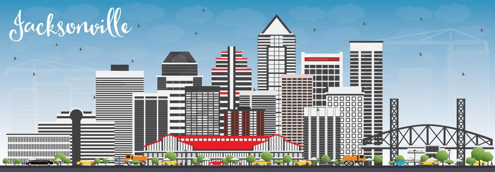 Jacksonville Skyline with Gray Buildings and Blue Sky. vector