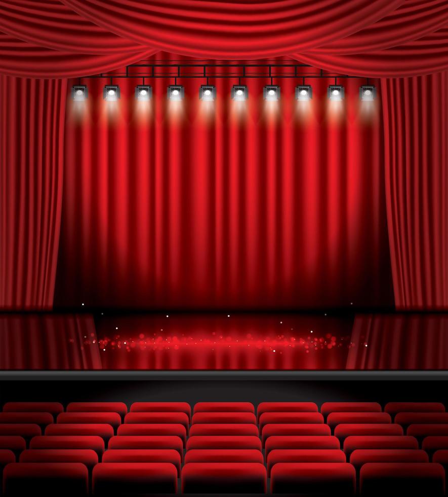 Red Stage Curtain with Spotlights, Seats and Copy Space. vector