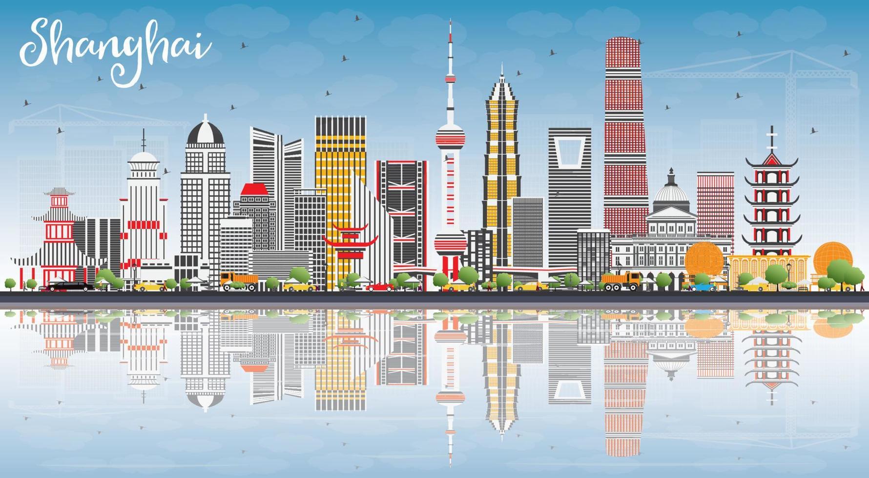 Shanghai Skyline with Color Buildings, Blue Sky and Reflections. vector