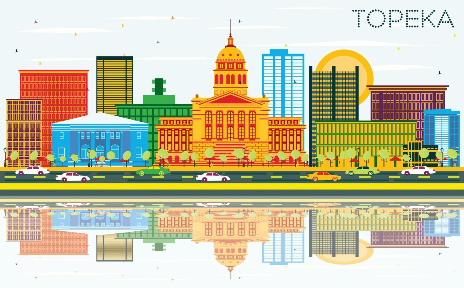 Topeka Kansas USA Skyline with Color Buildings, Blue Sky and Reflections. vector