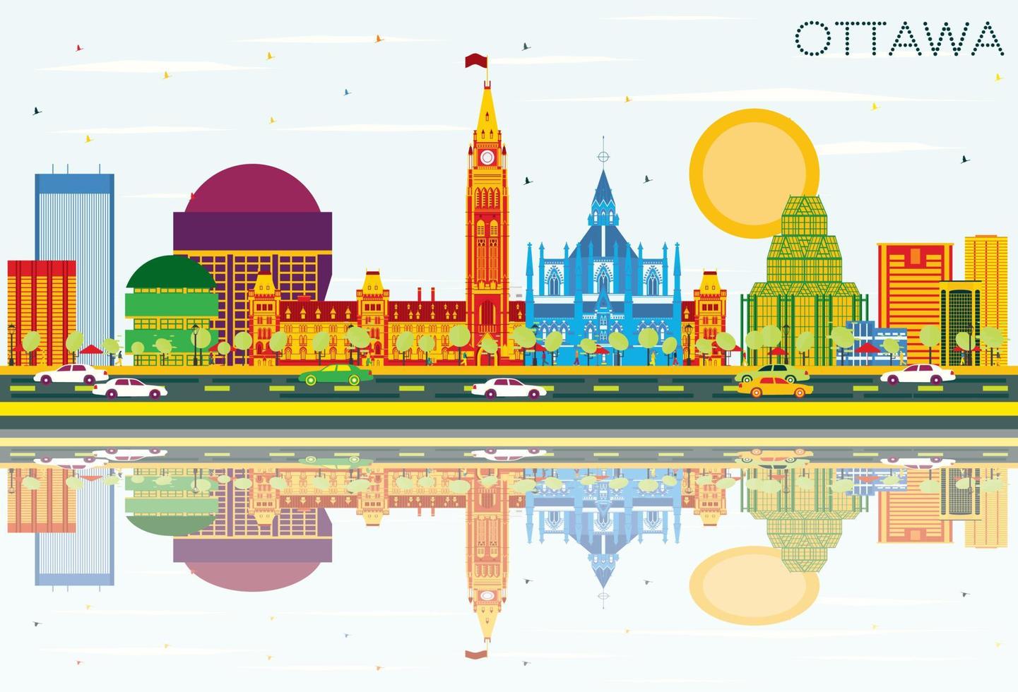 Ottawa Skyline with Color Buildings, Blue Sky and Reflections. vector