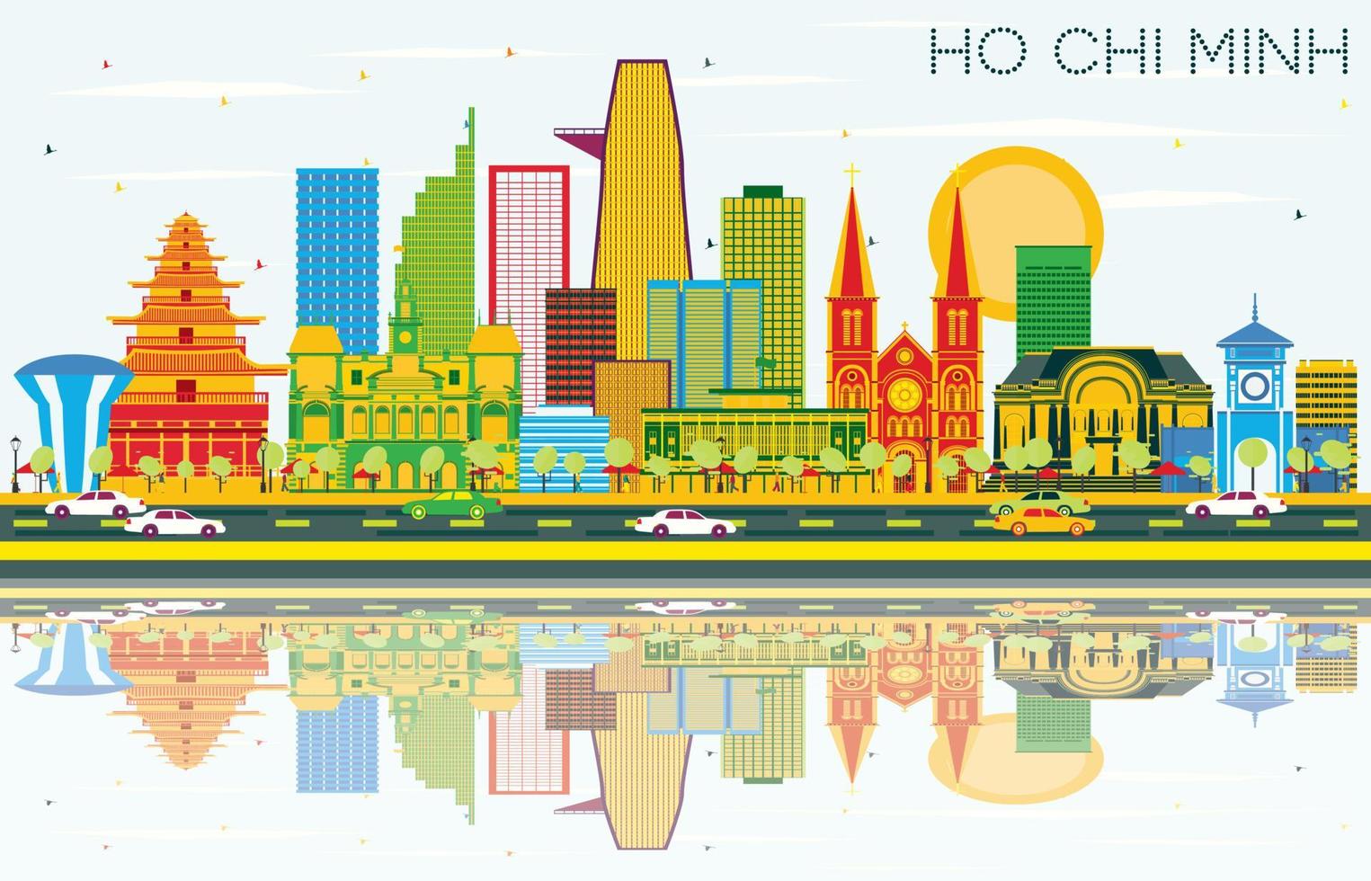 horizonte de ho chi minh con edificios de color, cielo azul y reflejos. vector