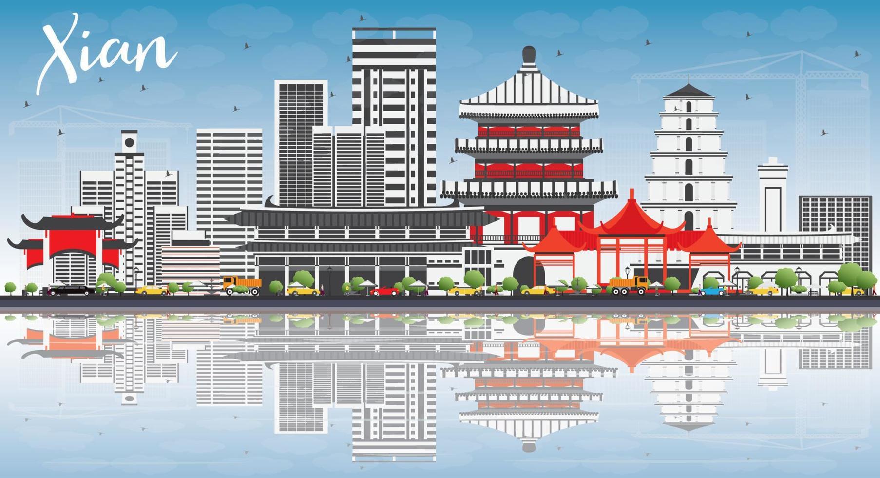 Xian Skyline with Gray Buildings, Blue Sky and Reflections. vector