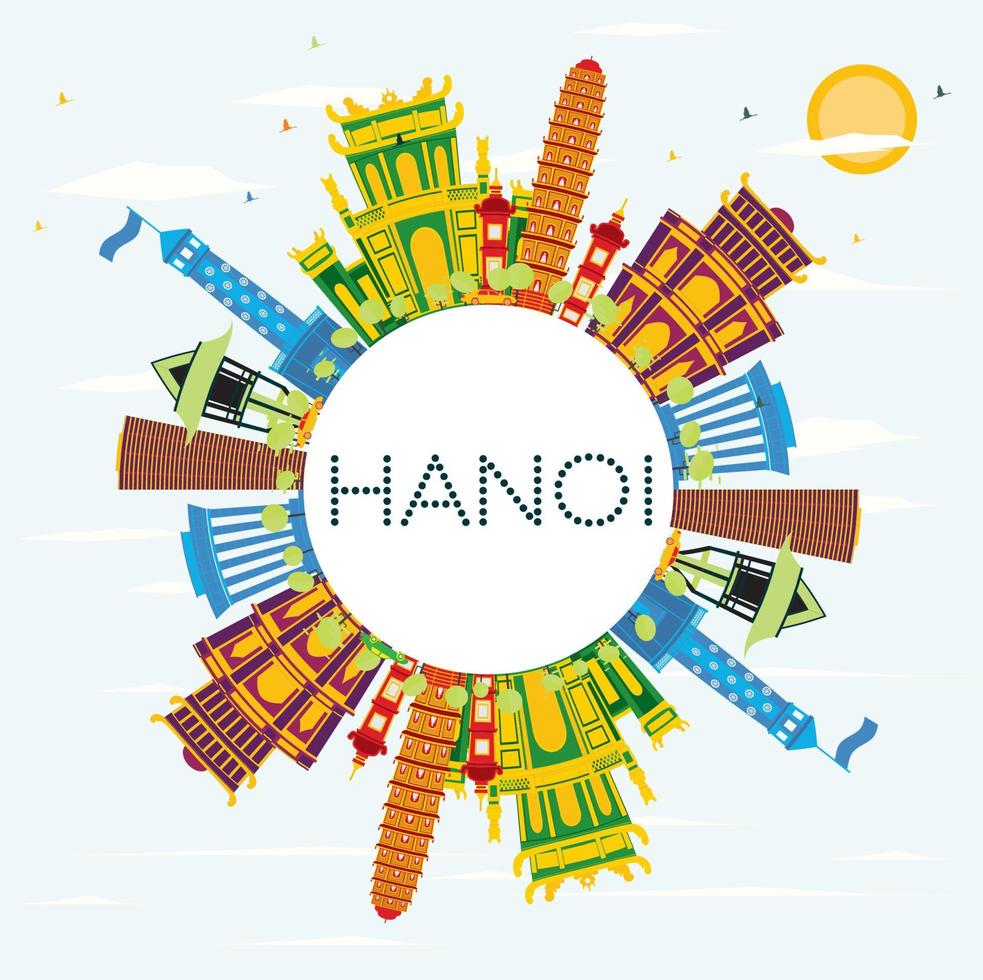 Hanoi Skyline with Color Buildings, Blue Sky and Copy Space. vector