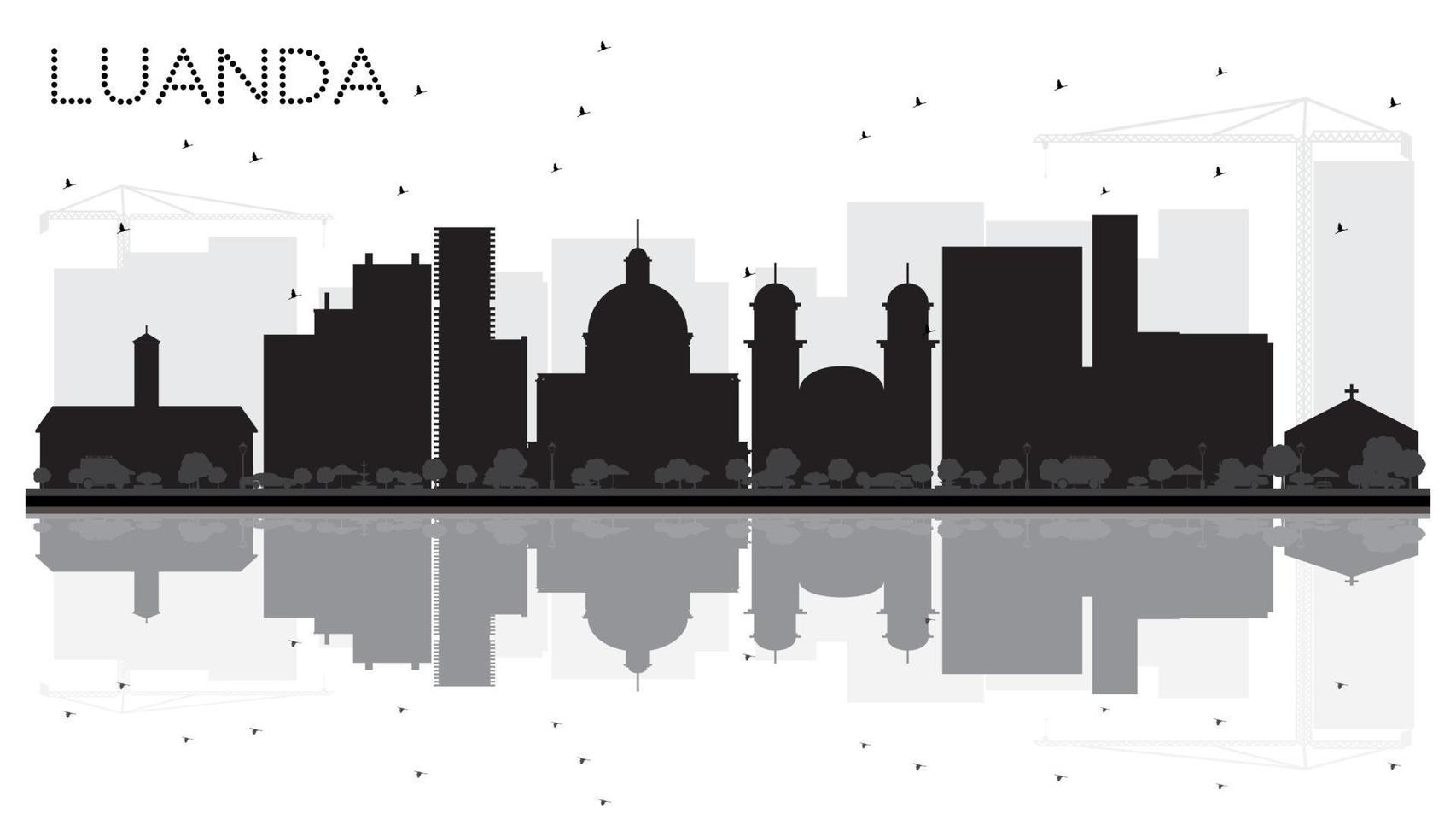 Luanda, angola, horizonte de la ciudad, silueta en blanco y negro con reflejos. vector