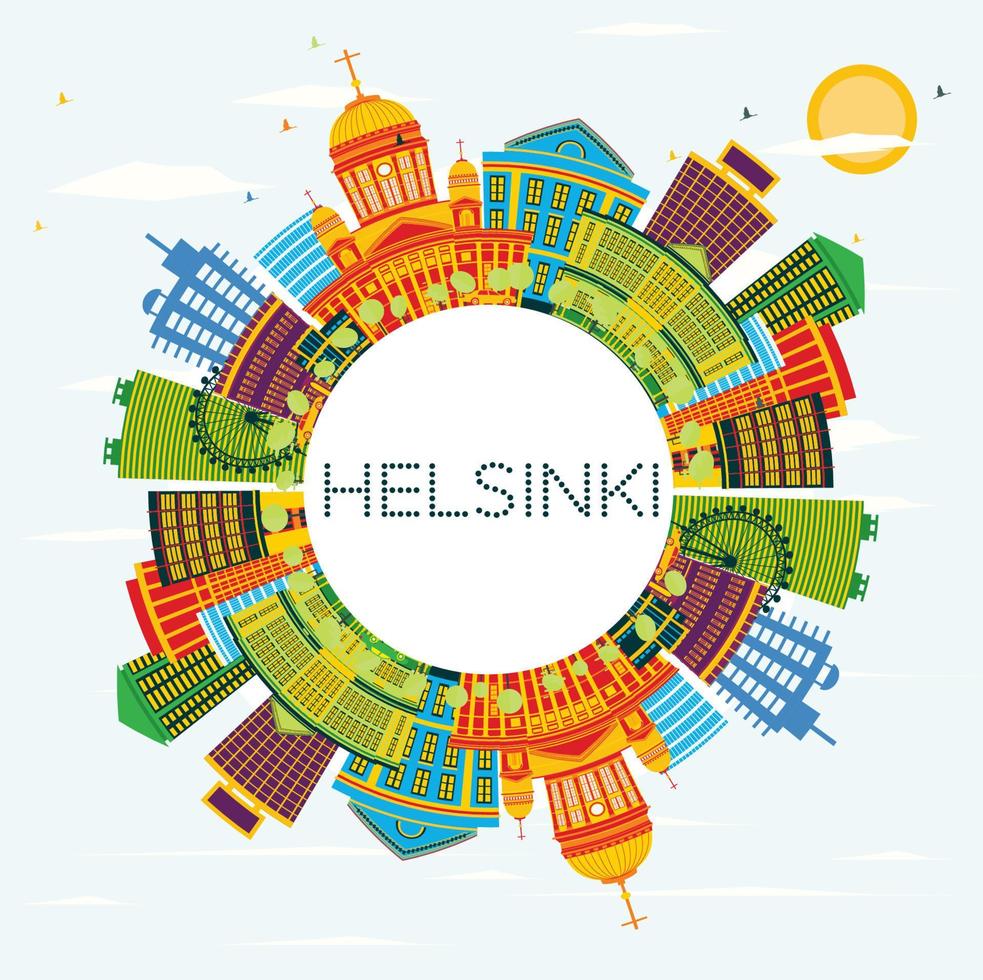horizonte de helsinki con edificios de color, cielo azul y espacio de copia. vector