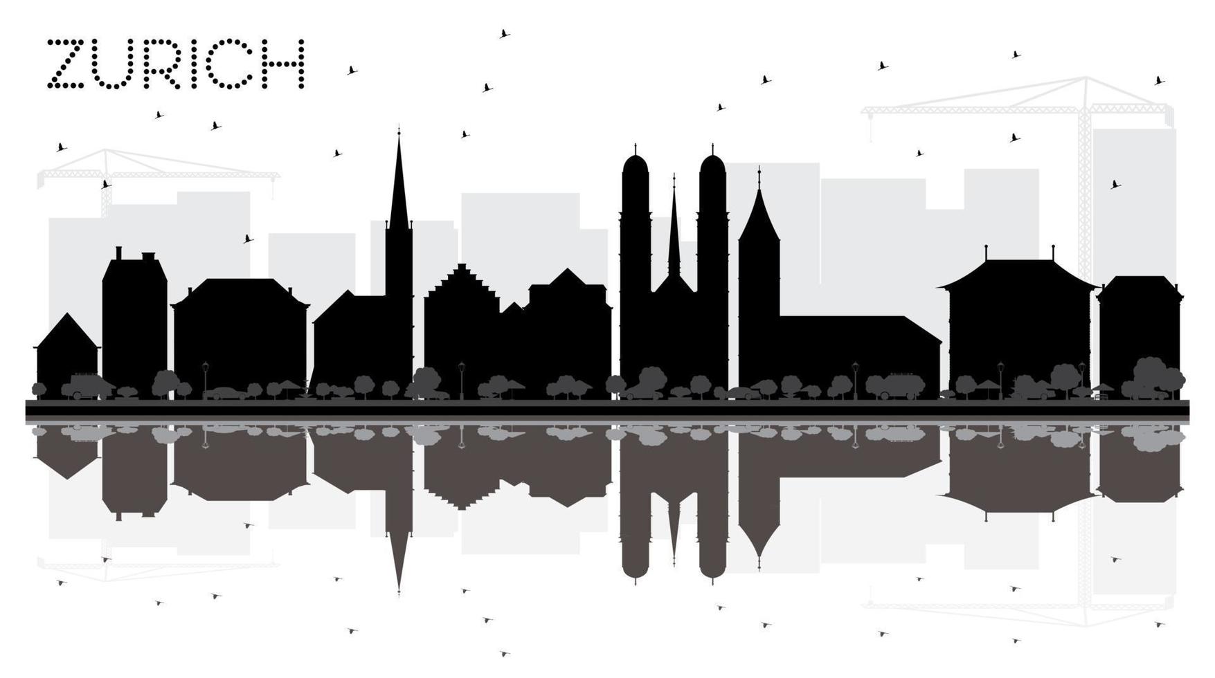 Silueta en blanco y negro del horizonte de la ciudad de Zúrich con reflejos. vector