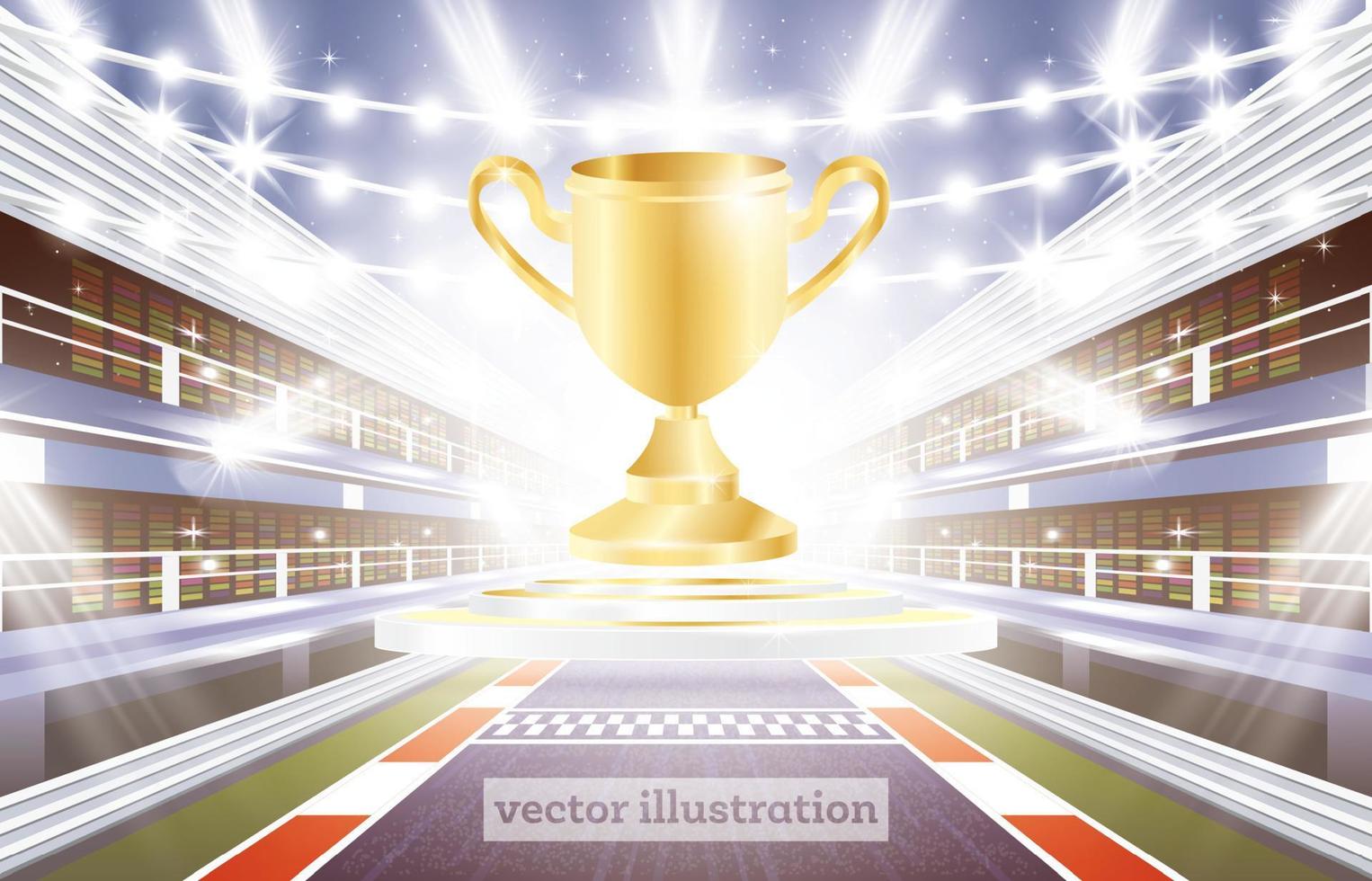 Race Track Arena with Spotlights, Finish Line and Golden Cup. vector