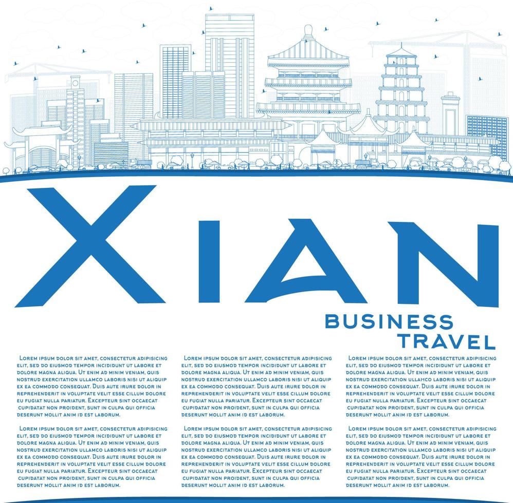 Outline Xian Skyline with Blue Buildings and Copy Space. vector
