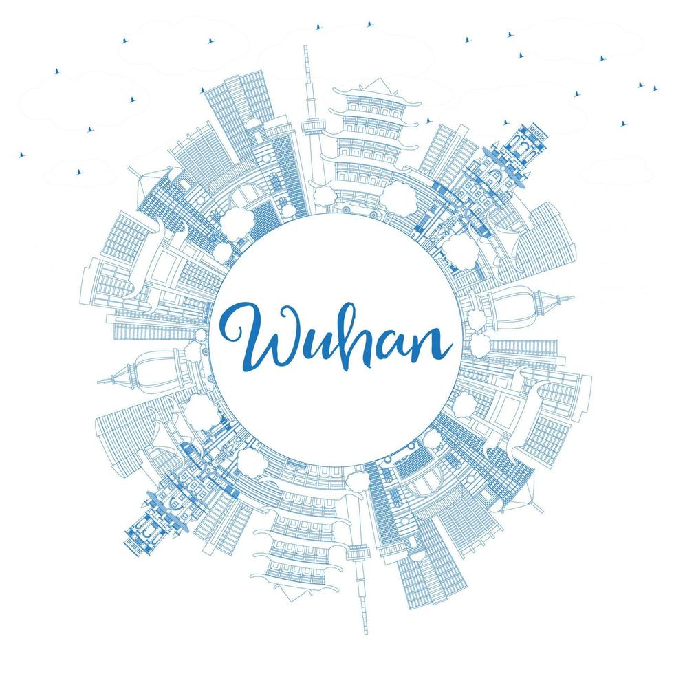 Outline Wuhan Skyline with Blue Buildings and Copy Space. vector