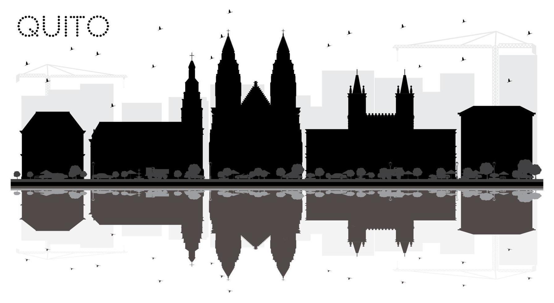 Quito Ecuador City skyline black and white silhouette with Reflections. vector