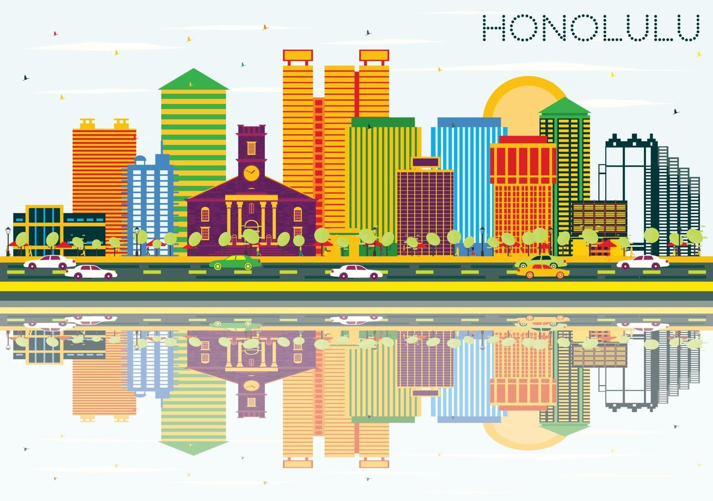 Honolulu Skyline with Color Buildings, Blue Sky and Reflections. vector