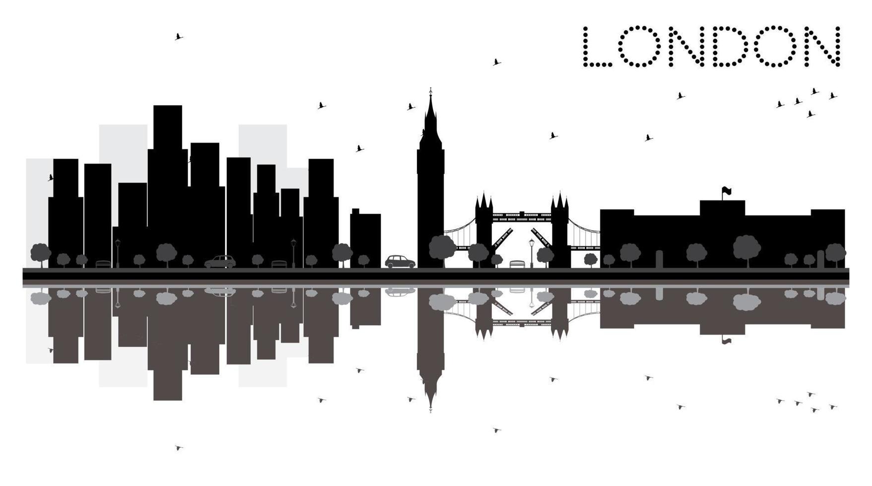 silueta en blanco y negro del horizonte de la ciudad de Londres con reflejos. vector