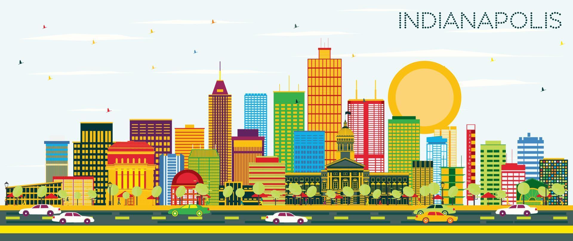 Indianapolis Skyline with Color Buildings and Blue Sky. vector