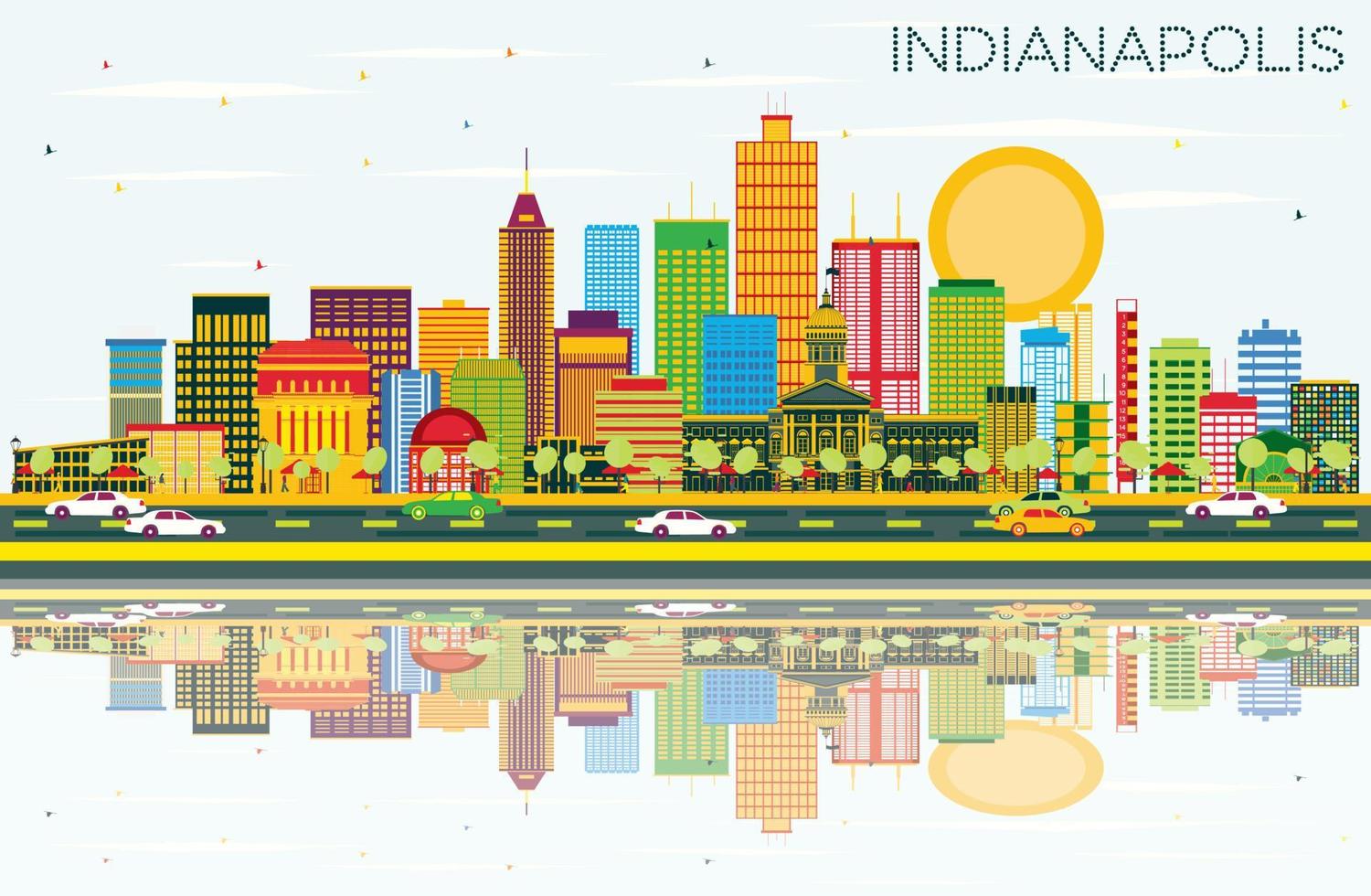 Indianapolis Skyline with Color Buildings, Blue Sky and Reflections. vector