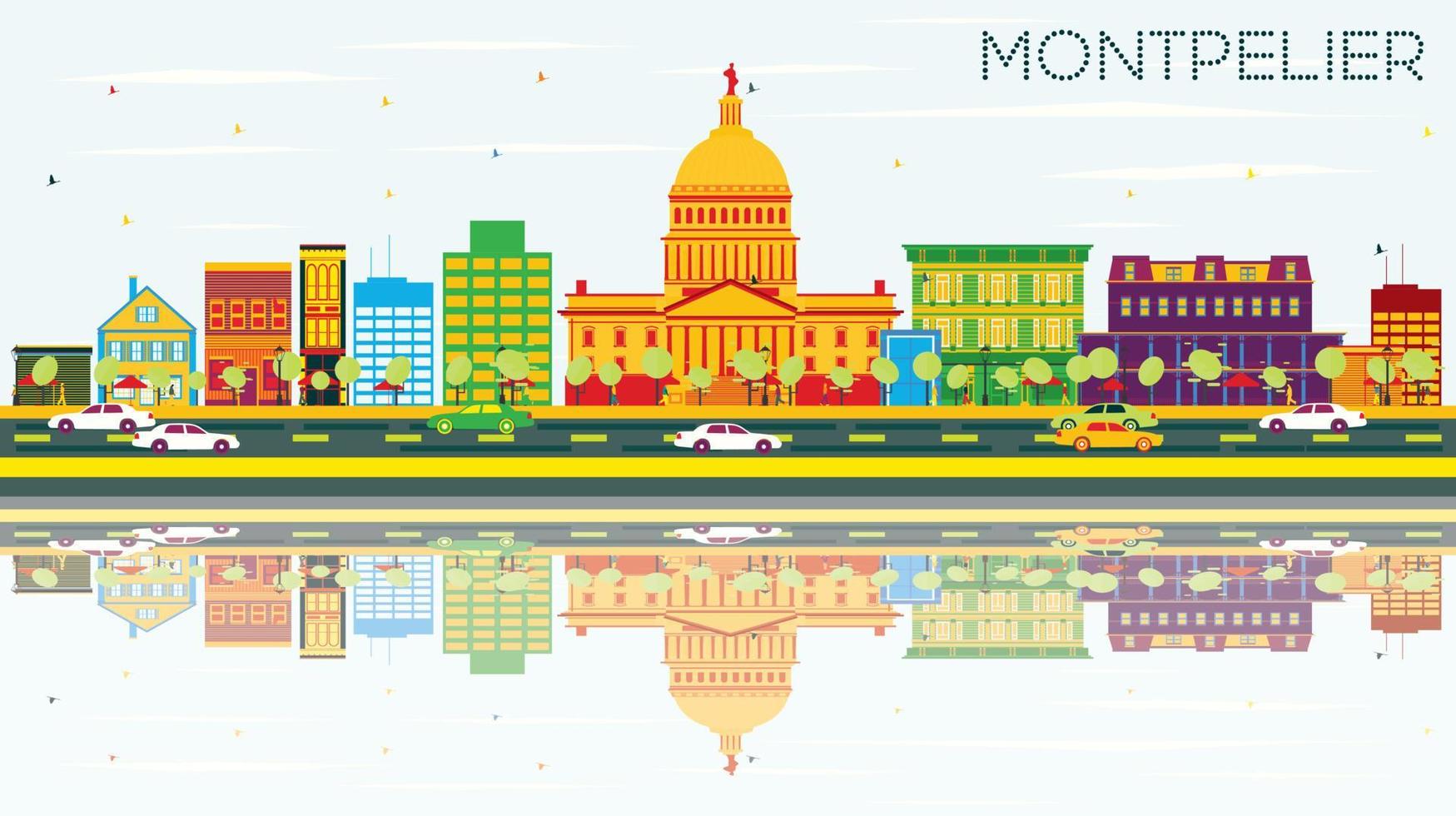Montpelier Skyline with Color Buildings, Blue Sky and Reflections. vector
