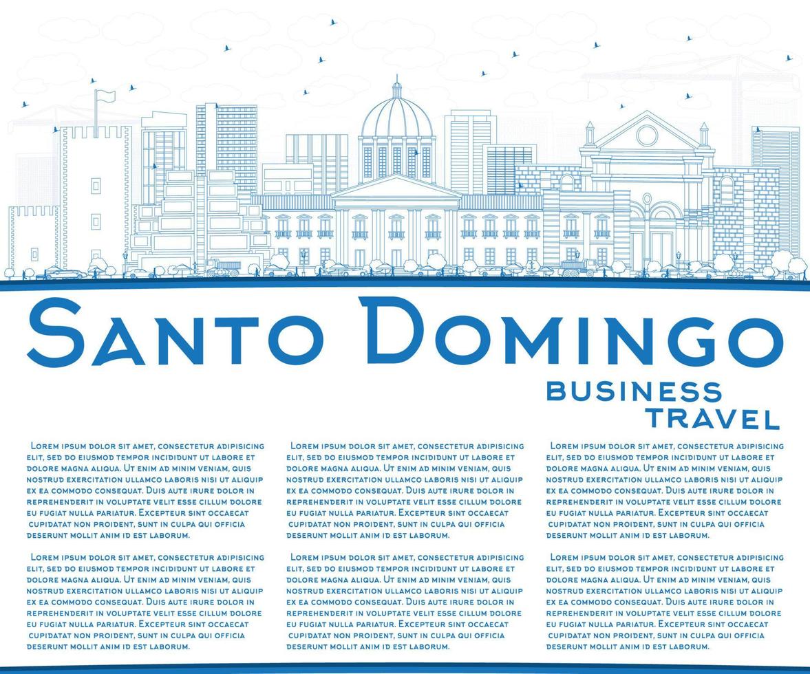 Outline Santo Domingo Skyline with Blue Buildings and Copy Space. vector