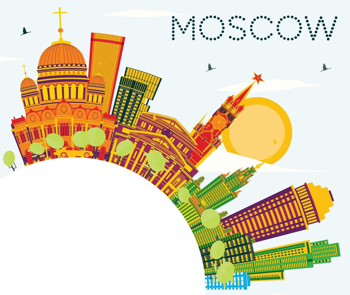 Moscow Skyline with Color Buildings, Blue Sky and Copy Space. vector