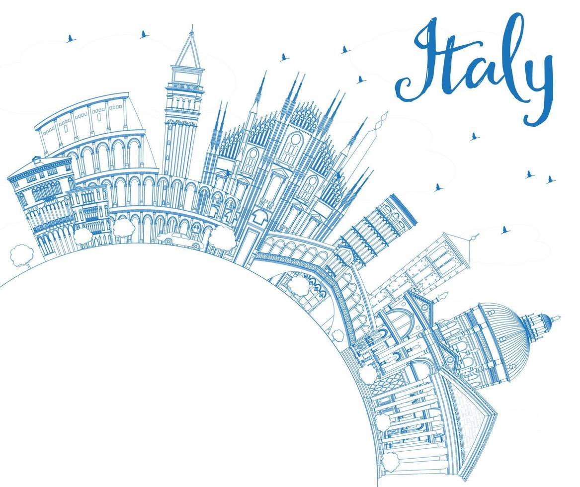 Outline Italy Skyline with Blue Landmarks and Copy Space. vector
