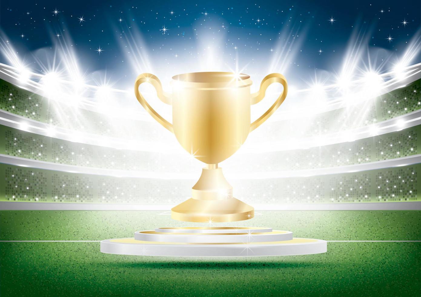 Golden Winner Cup with Spotlights on Stadium. vector