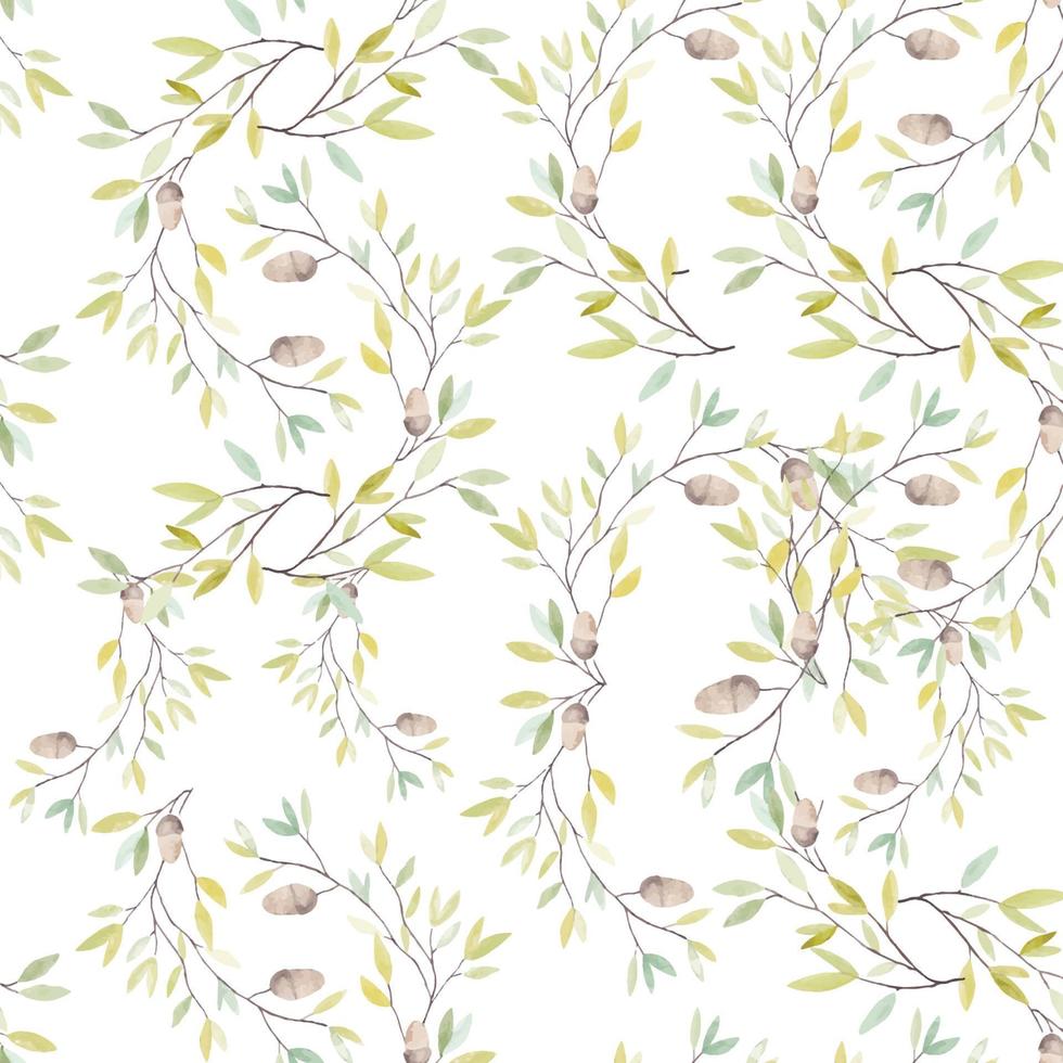 Watercolor Pattern with Leaves and Oak Acorn on White Background. vector
