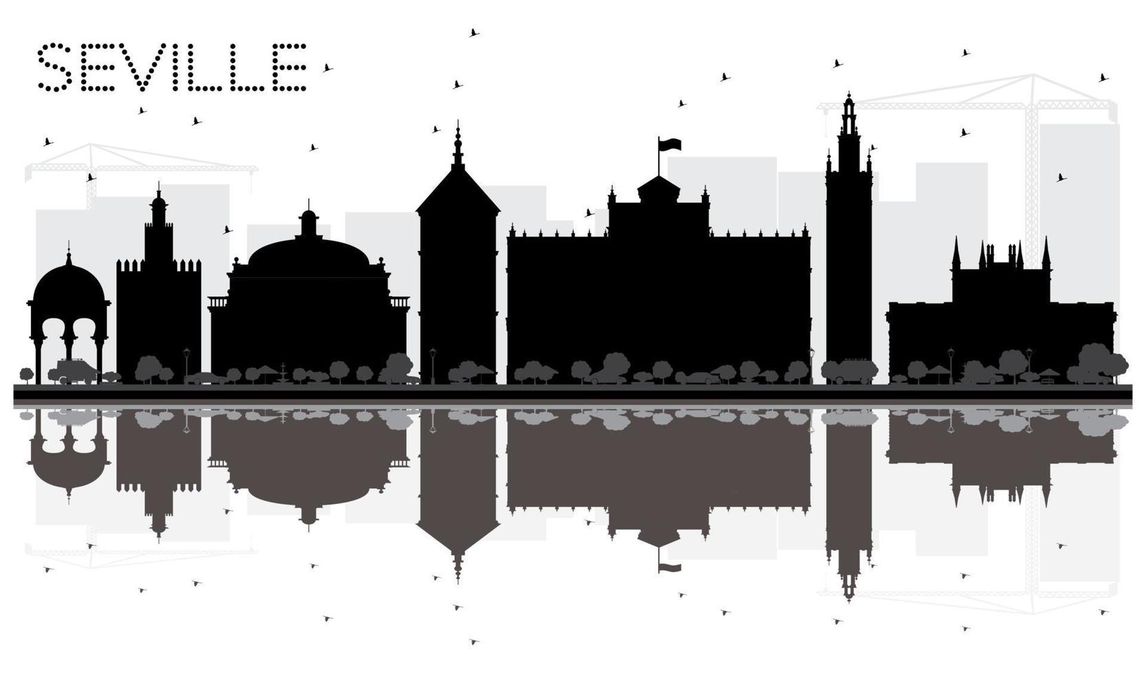 Seville City skyline black and white silhouette with reflections. vector