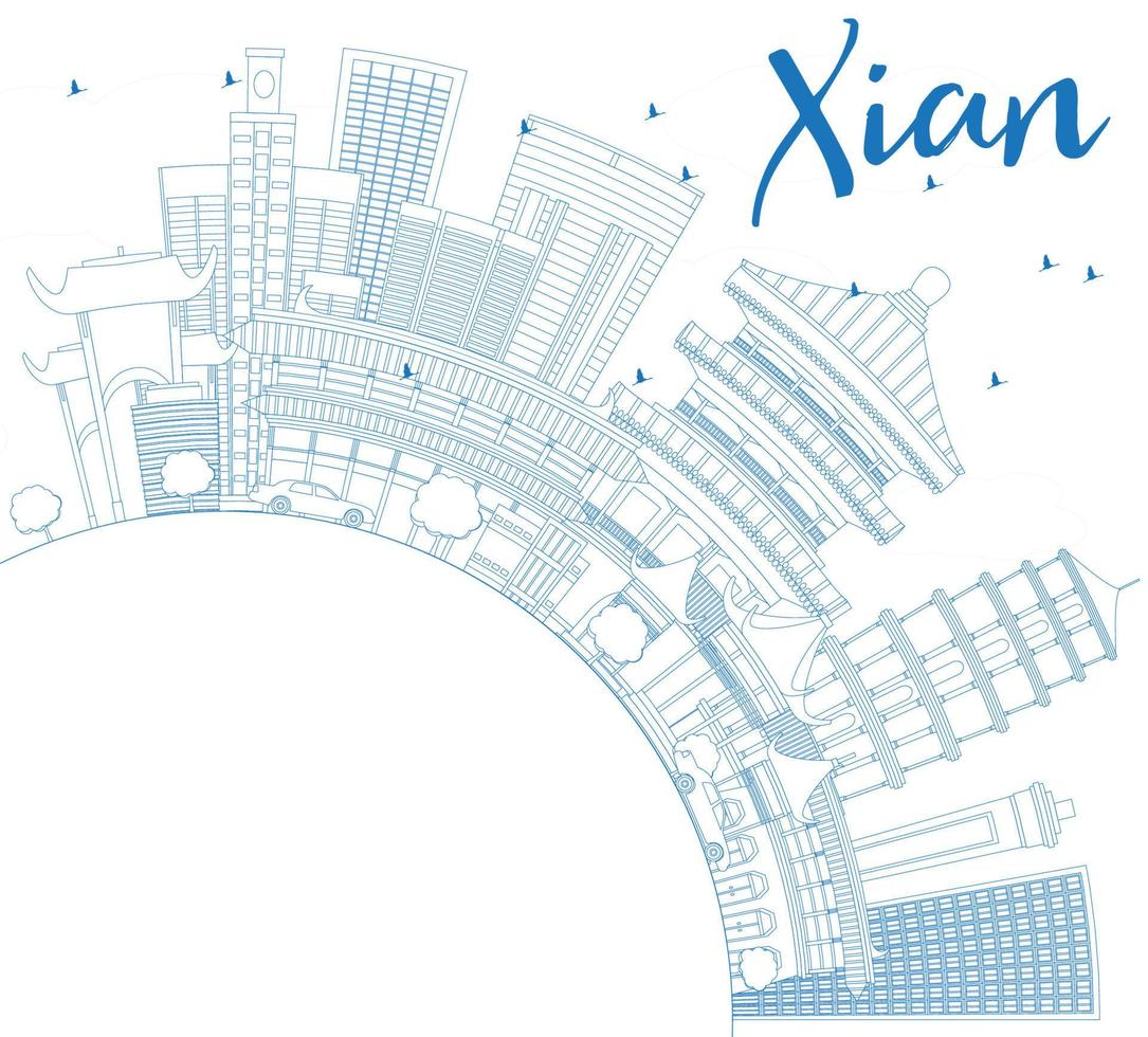 Outline Xian Skyline with Blue Buildings and Copy Space. vector