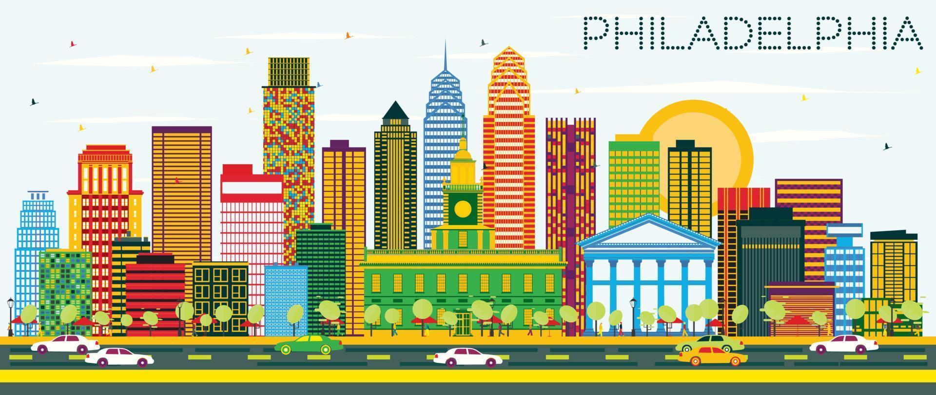 Philadelphia Skyline with Color Buildings and Blue Sky. vector