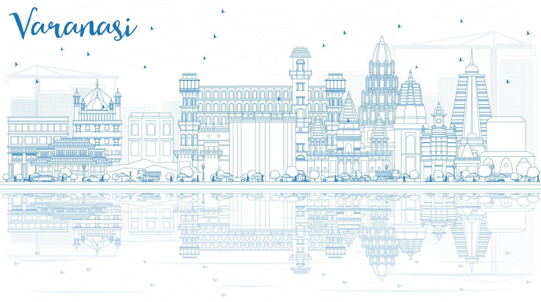 Outline Varanasi India Skyline with Blue Buildings and Reflections. vector