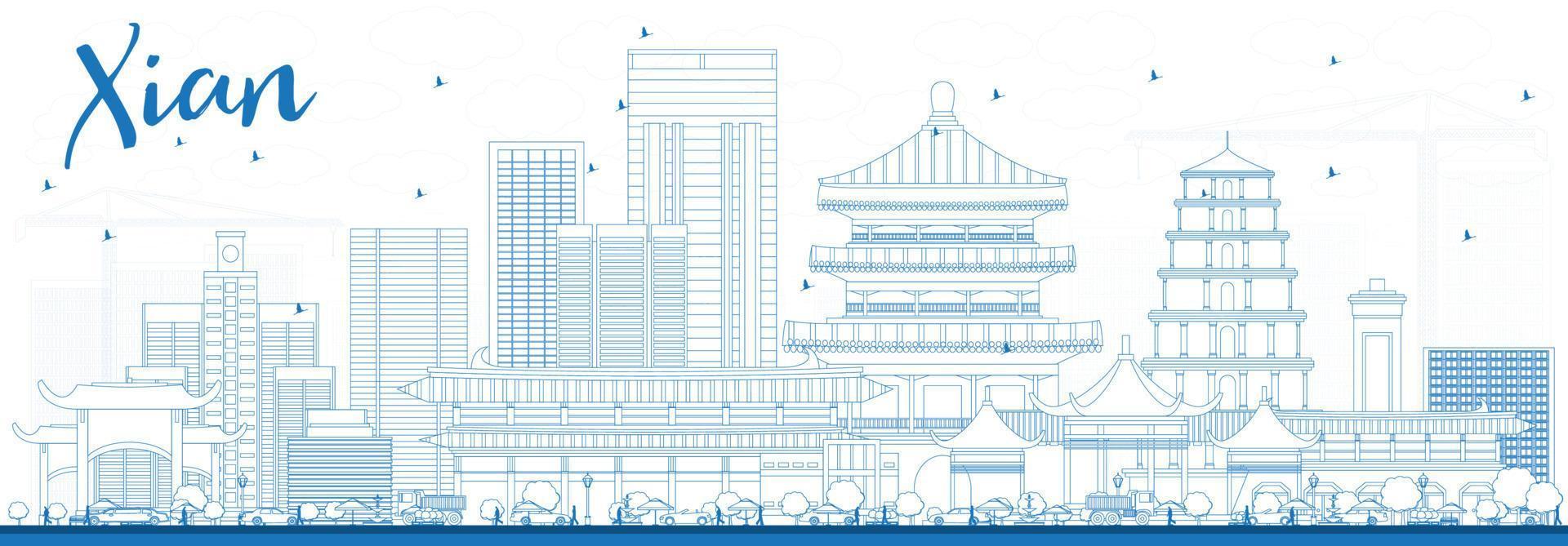 Outline Xian Skyline with Blue Buildings. vector