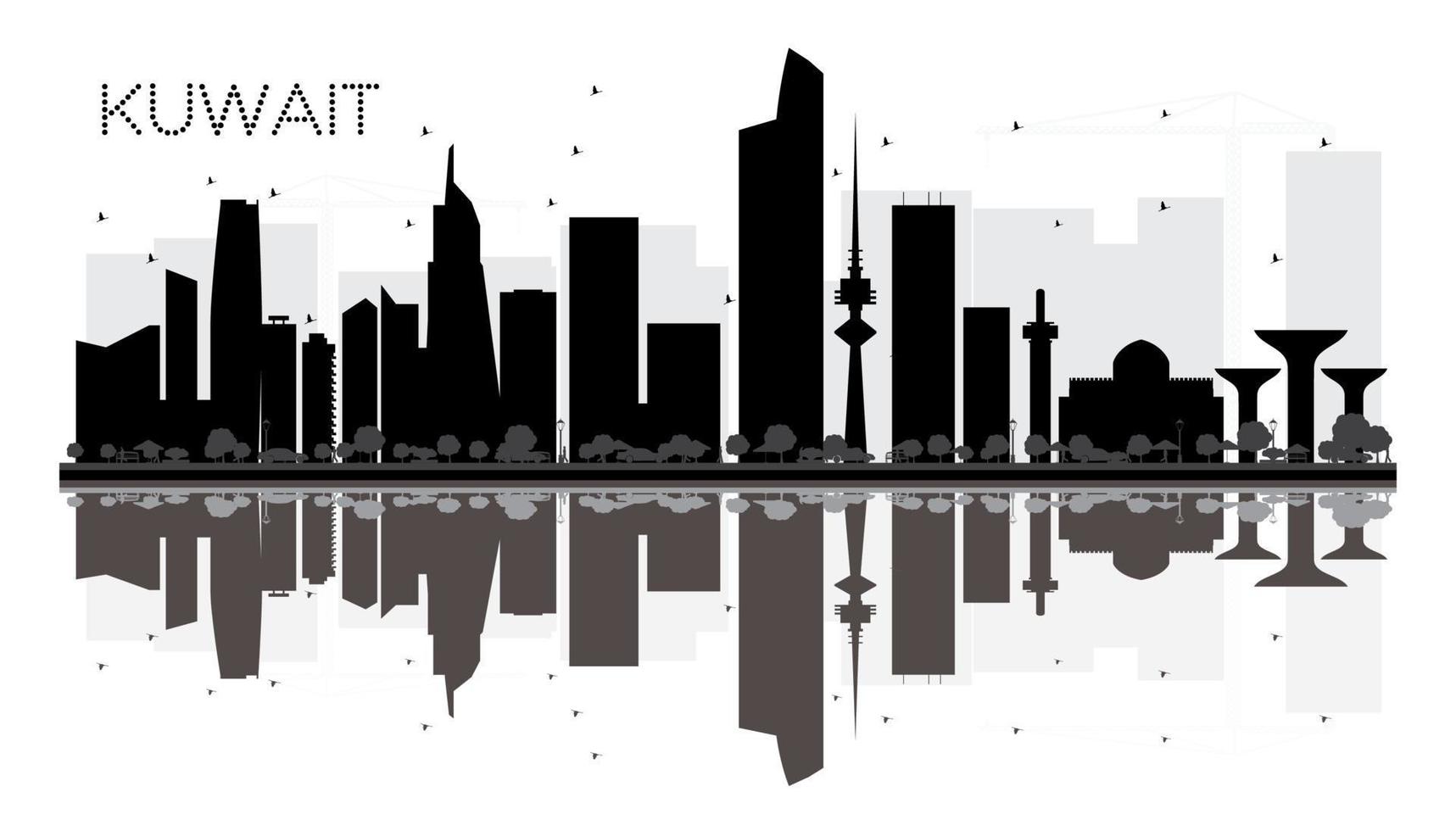 silueta en blanco y negro del horizonte de la ciudad de kuwait con reflejos. vector