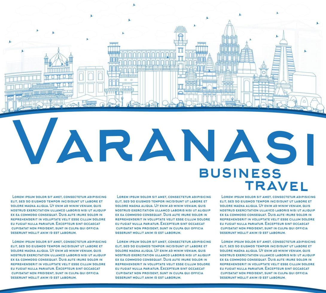 Outline Varanasi Skyline with Blue Buildings and Copy Space. vector