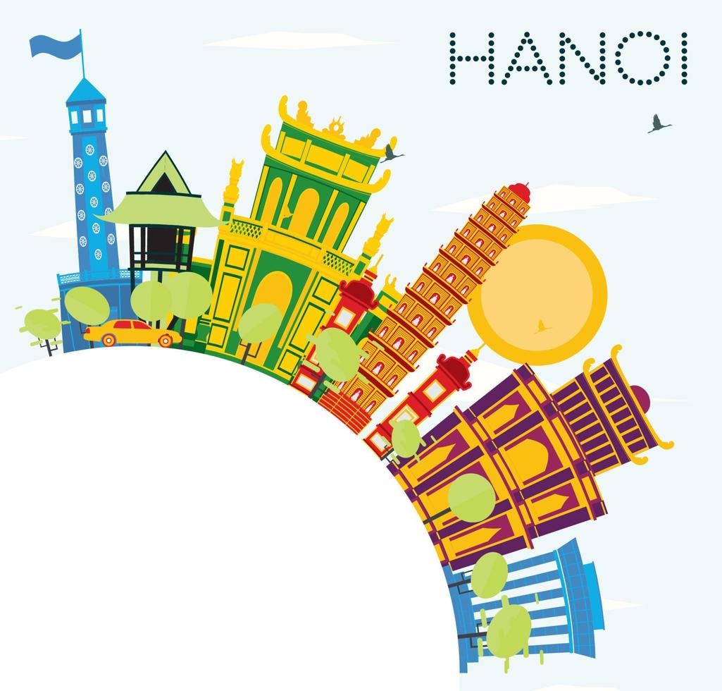 horizonte de hanoi con edificios de color, cielo azul y espacio de copia. vector