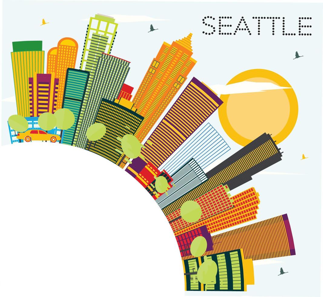 Seattle Skyline with Color Buildings and Copy Space. vector