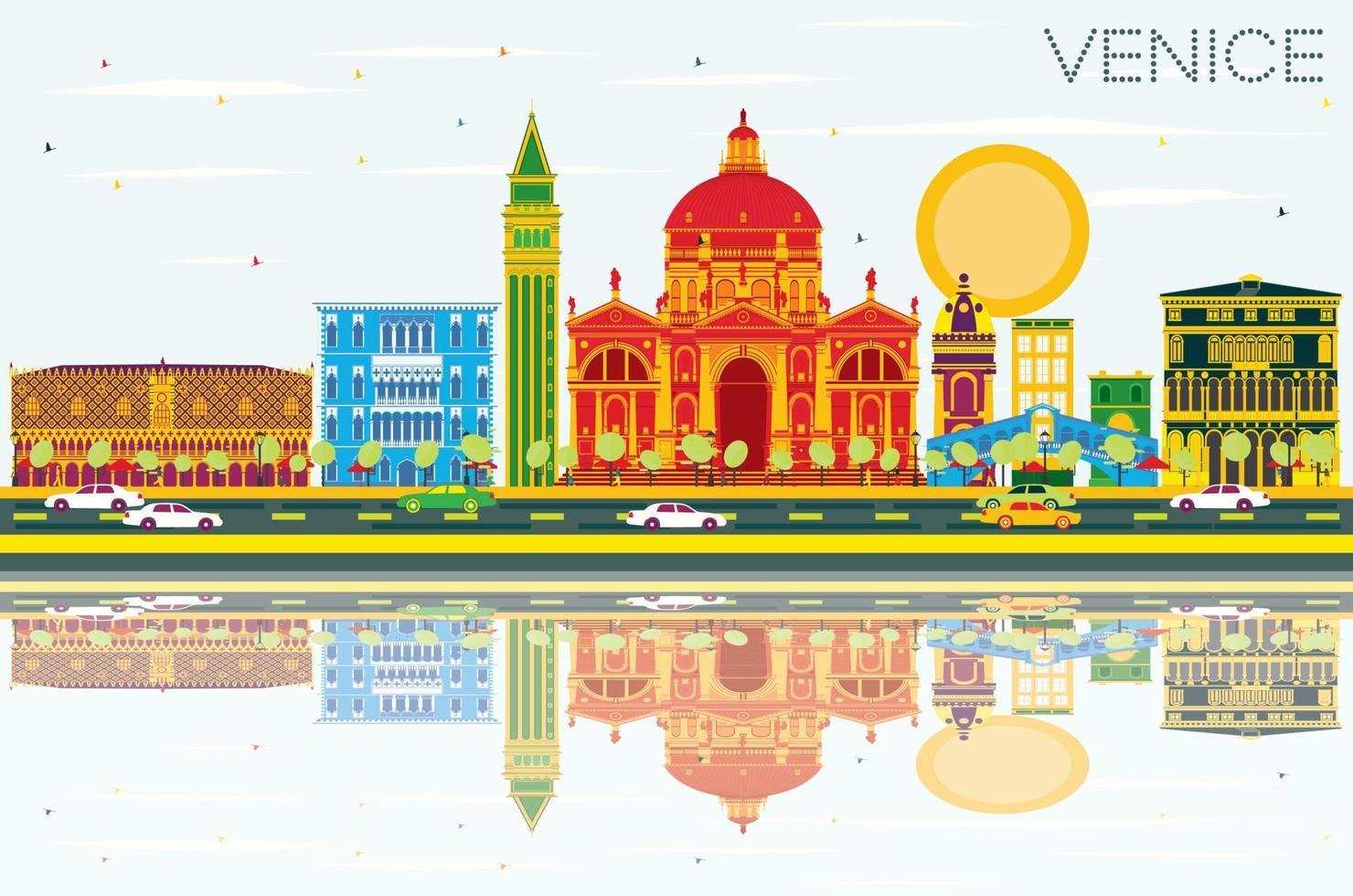 Venice Skyline with Color Buildings, Blue Sky and Reflections. vector