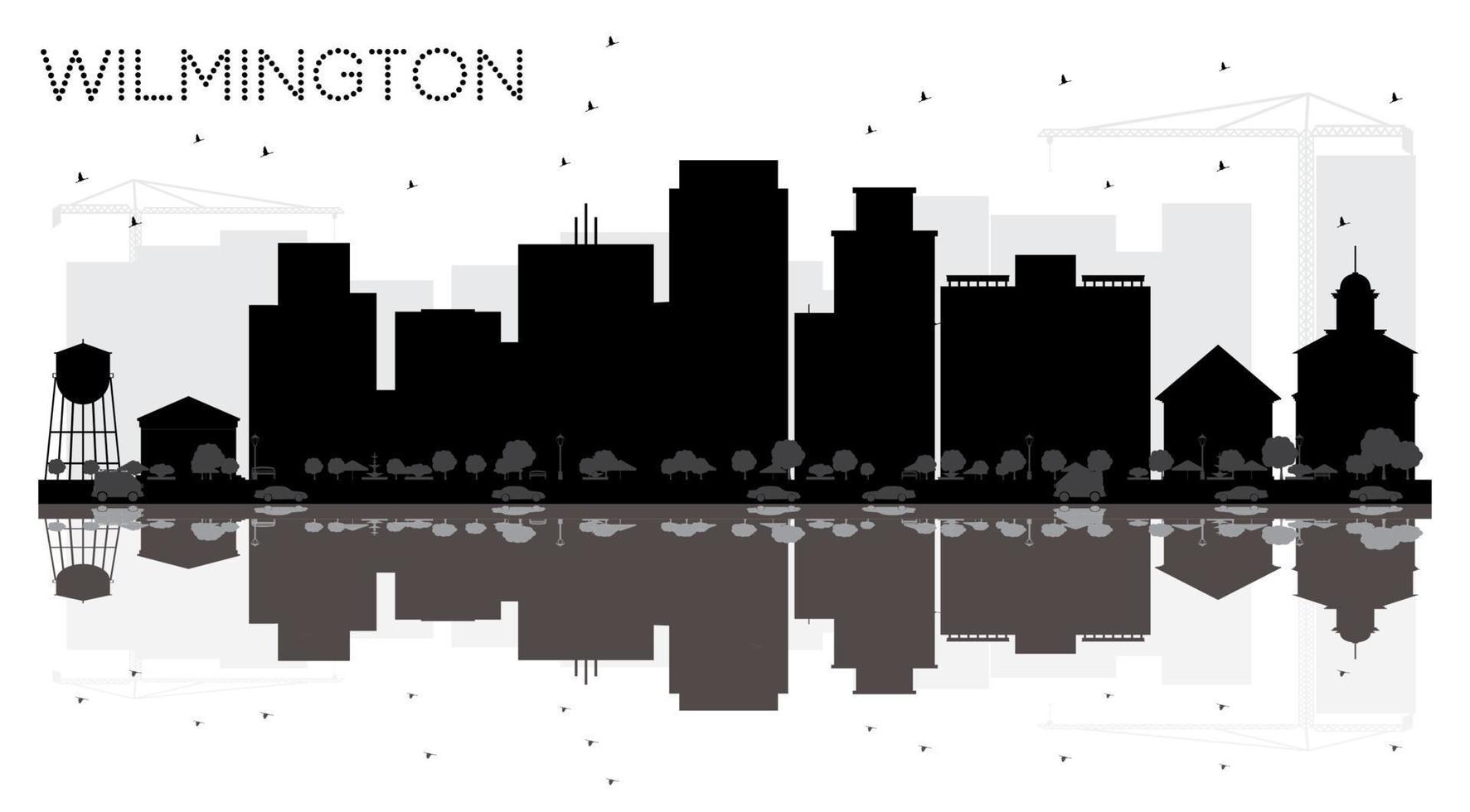 Silueta en blanco y negro del horizonte de la ciudad de Wilmington con reflejos. vector