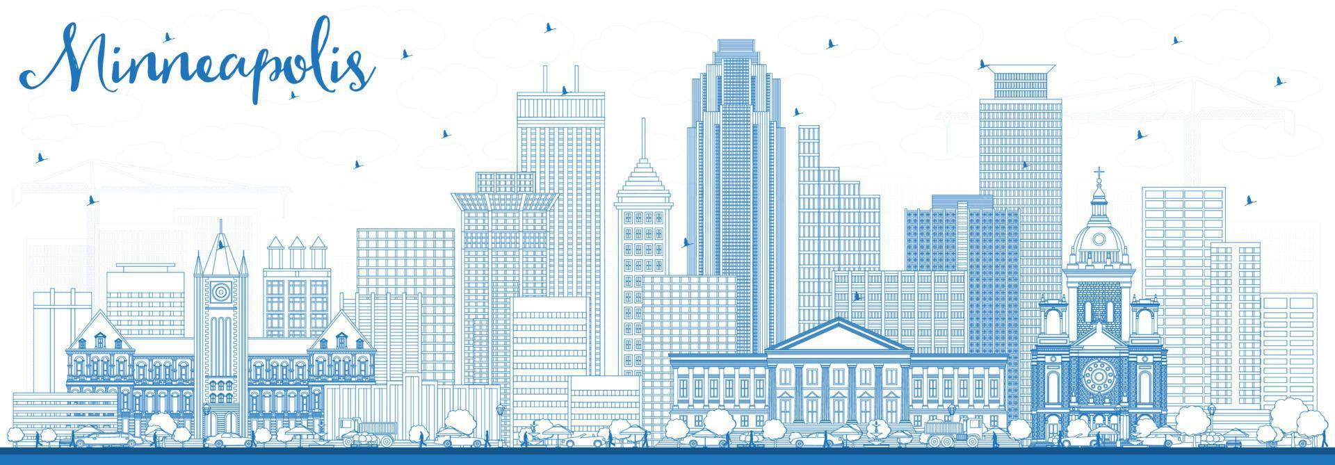 Outline Minneapolis Minnesota USA Skyline with Blue Buildings. vector