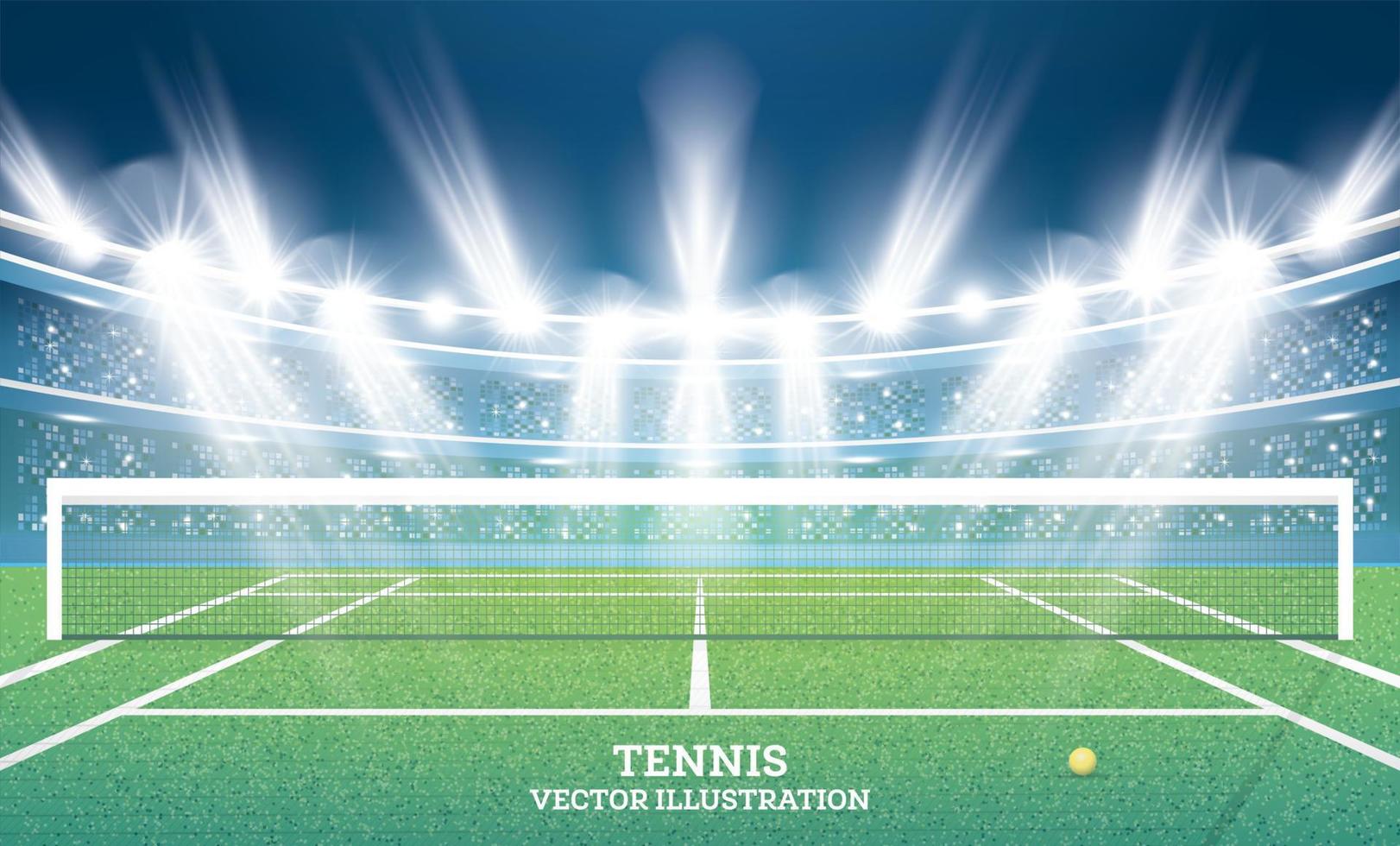 Tennis Court with Green Grass and Spotlights. vector