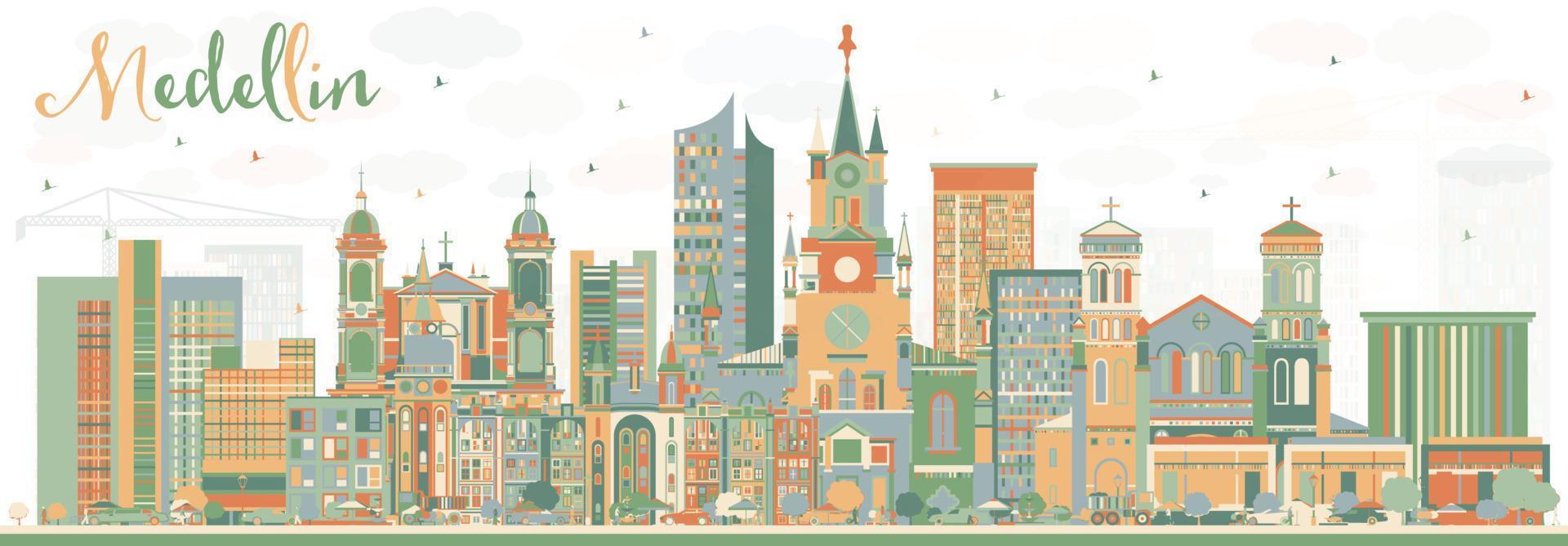 Medellin Skyline with Color Buildings. vector