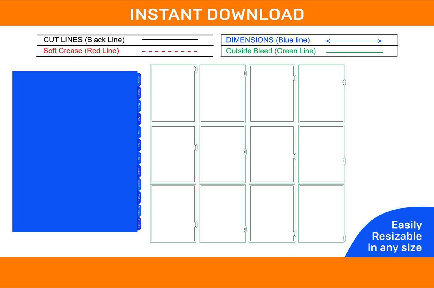 Monthly planner dividers perfect dieline and 3D box vector