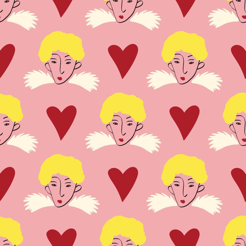 fancy bizarre angels and heart Valentines Day pattern. Illustration in a doodle style vector