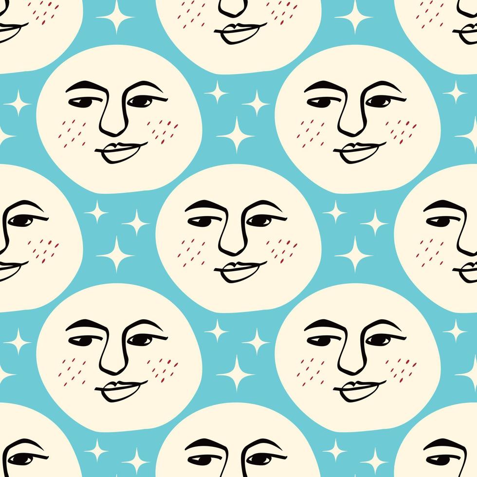 Funny funkily pattern of Moon with smiling face. illustration in doodle style vector